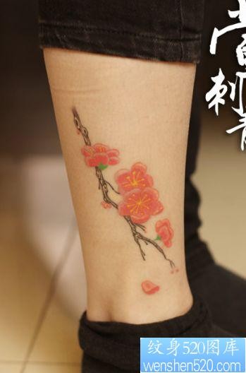 女孩子喜欢的腿部才梅花纹身图片