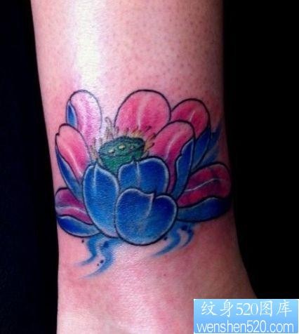 女孩子腿部一幅彩色莲花纹身图片