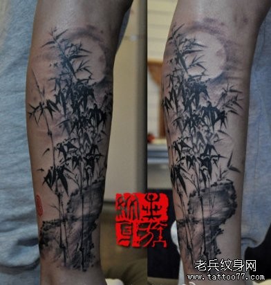 腿部经典的水墨画竹子纹身图片