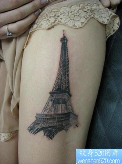 女孩子腿部经典的埃菲尔铁塔纹身图片