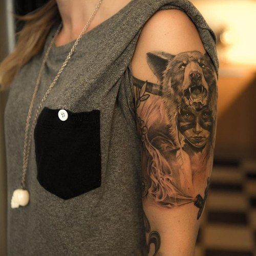 女性手臂一款特殊的狼头女性纹身