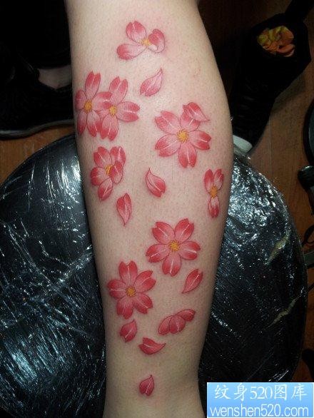 女人腿部唯美精美的樱花纹身图片