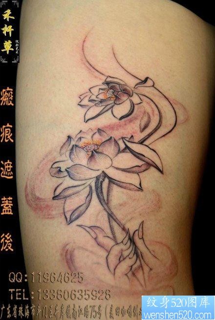 女人腿部唯美好看的佛手莲花纹身图片