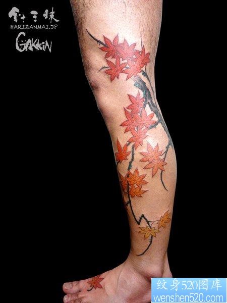 腿部帅气经典的彩色枫叶纹身图片