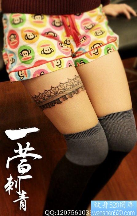 女人大腿潮流流行的蕾丝纹身图片