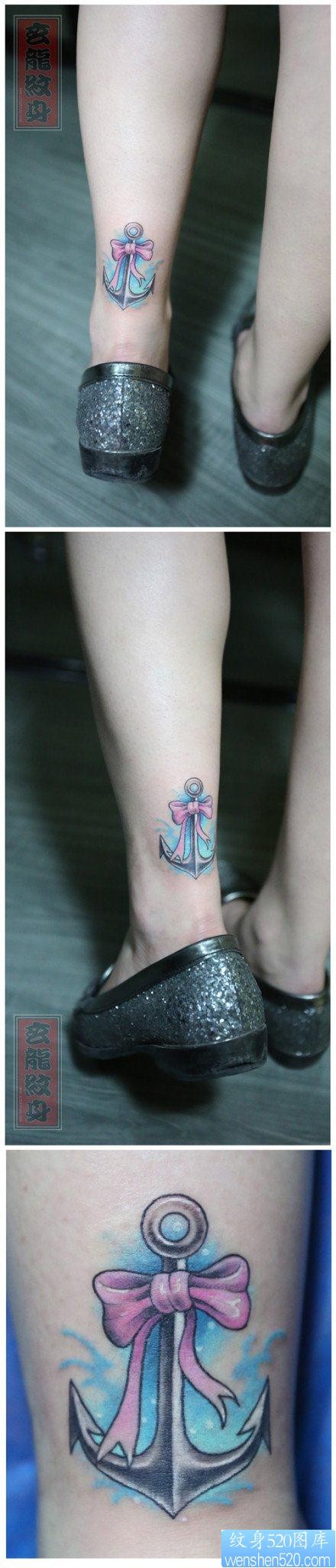 女人腿部精美蝴蝶结与船锚纹身图片