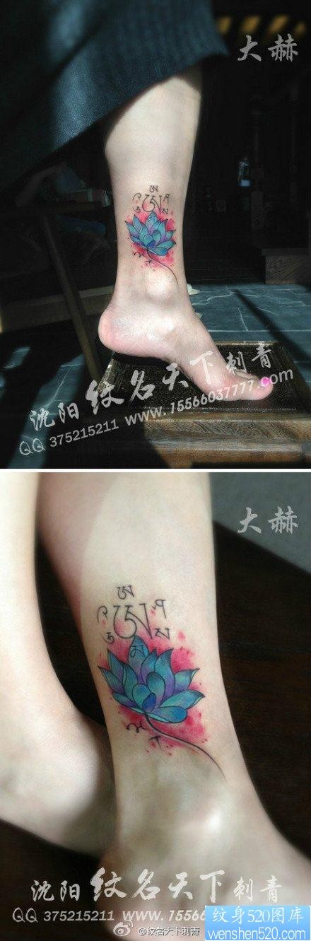 美女腿部潮流漂亮的彩色莲花纹身图片