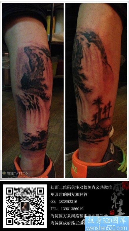 腿部潮流精美的山水画纹身图片