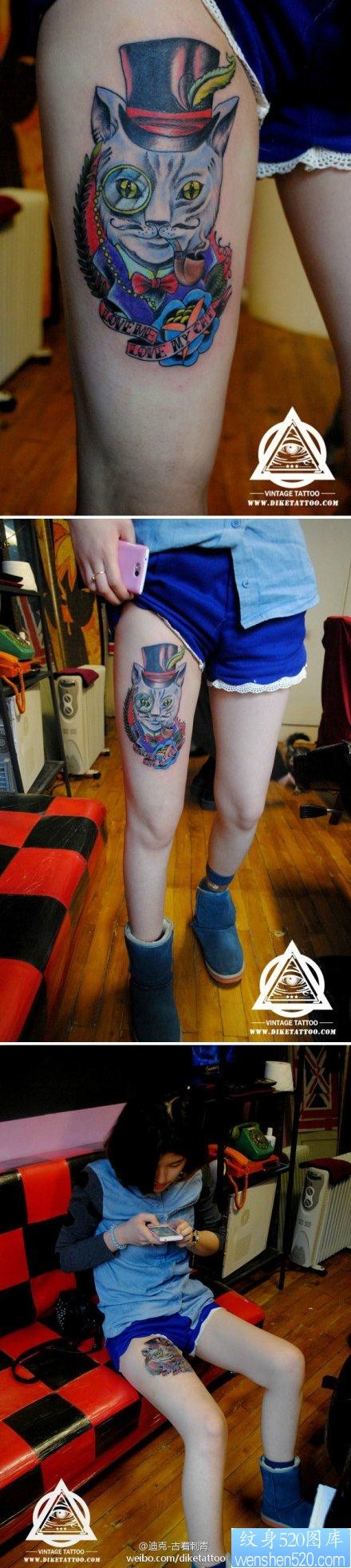 女人腿部潮流流行的猫咪纹身图片