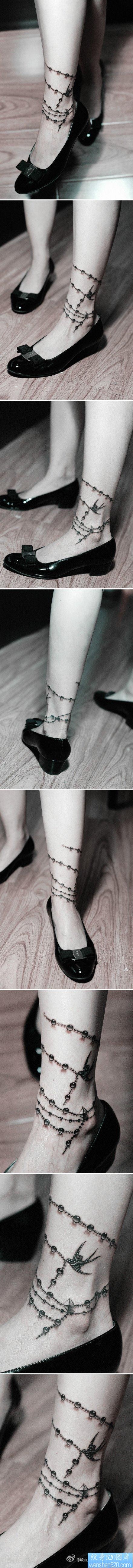 女人腿腕潮流精美的脚链纹身图片