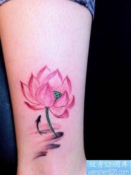 女人腿部潮流漂亮的彩色莲花纹身图片