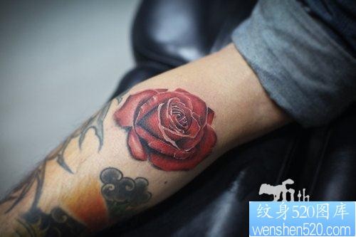 男生腿部漂亮潮流的玫瑰花纹身图片