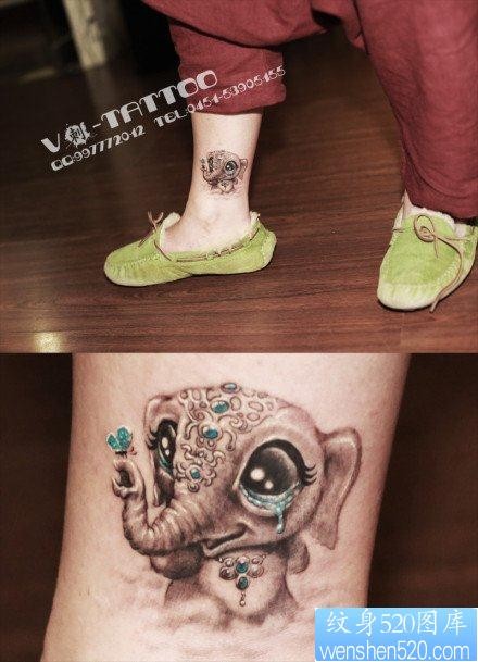 腿部精美可爱的小象纹身图片