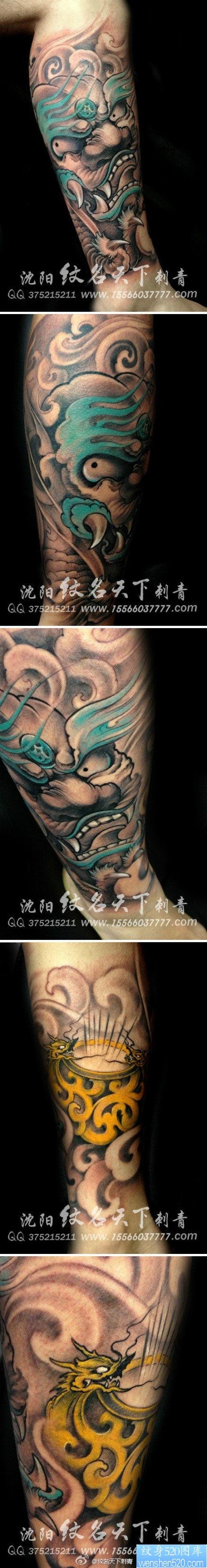 男生腿部经典很酷的唐狮子纹身图片