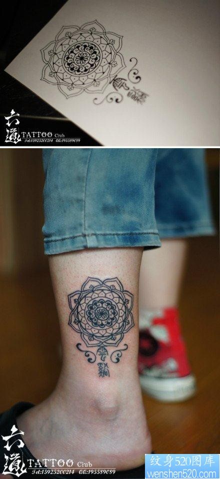 女人腿部潮流精美的梵花纹身图片
