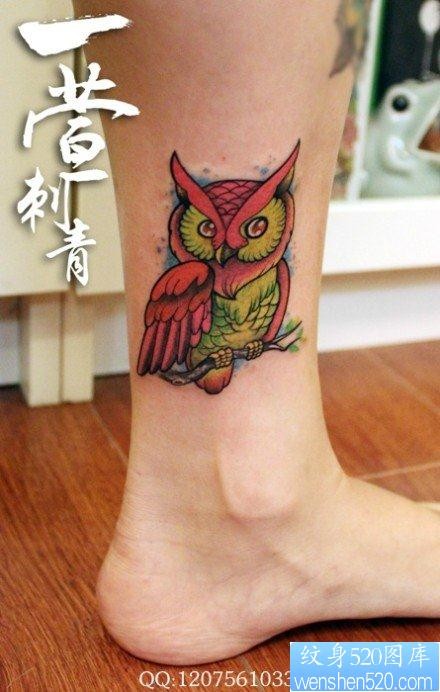 女人腿部经典时尚的猫头鹰纹身图片