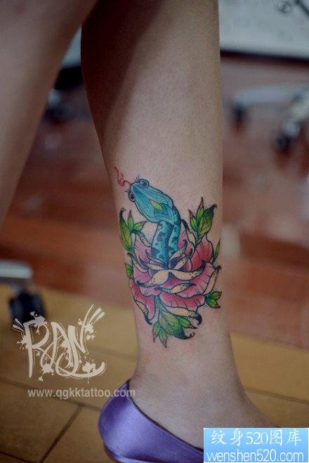 女人腿部时尚经典的玫瑰花与蛇纹身图片