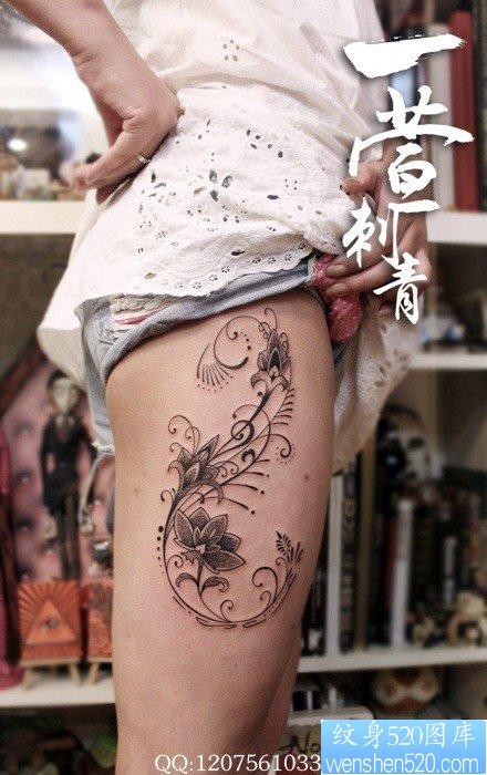 女人腿部时尚唯美的莲花藤蔓纹身图片