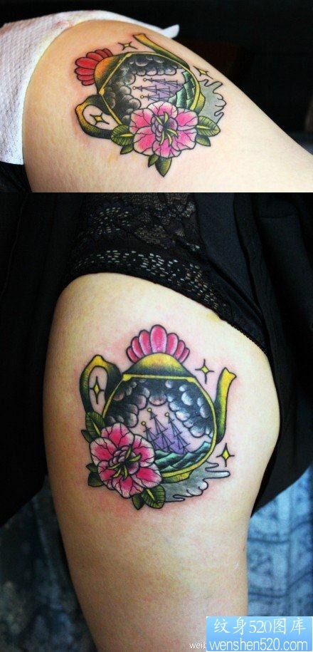 女人腿部时尚经典的茶壶纹身图片