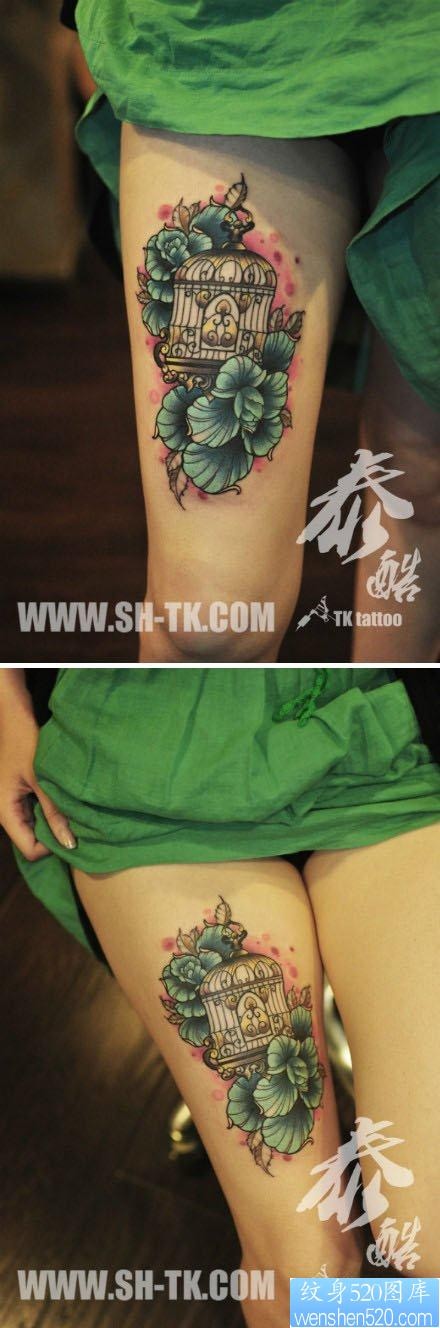 女人腿部时尚唯美的鸟笼与花卉纹身图片