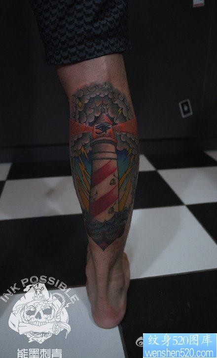 腿部潮流经典的灯塔纹身图片
