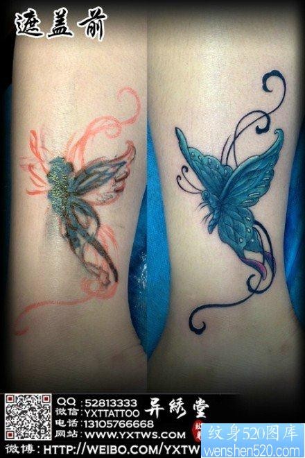 女人腿部小巧潮流的彩色蝴蝶纹身图片