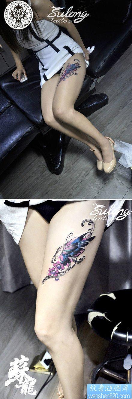 美女腿部精美好看的彩色蝴蝶纹身图片