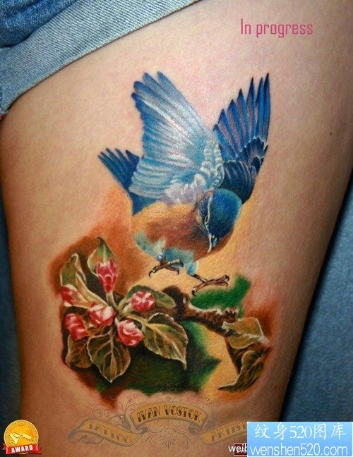 女人腿部漂亮精美的彩色小鸟纹身图片