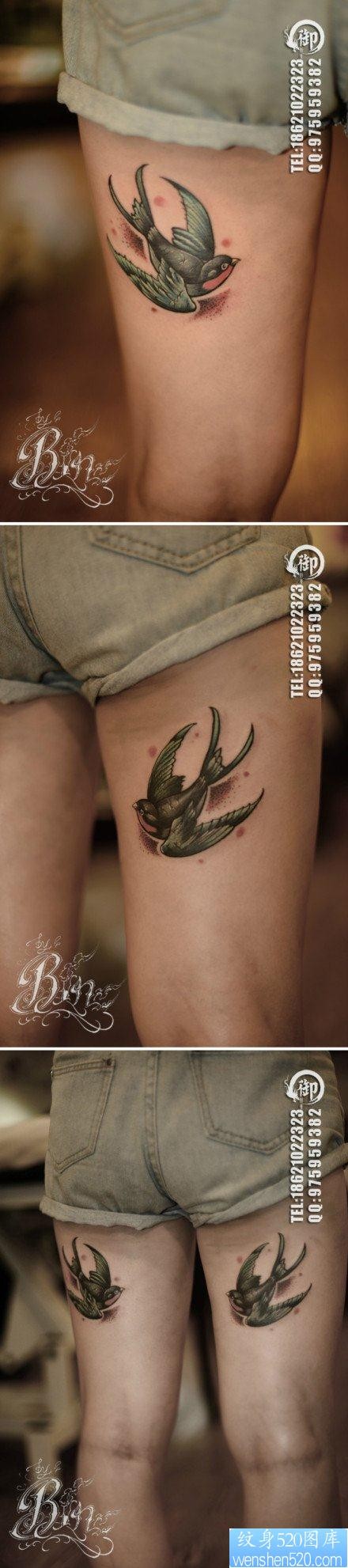 女孩子腿部潮流时尚的小燕子纹身图片