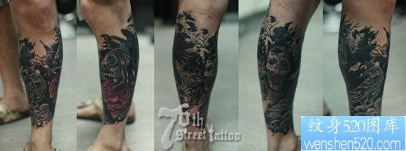 腿部很帅经典的骷髅乌鸦纹身图片
