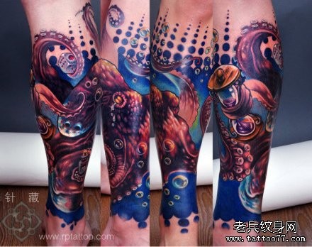 腿部超酷经典的章鱼纹身图片