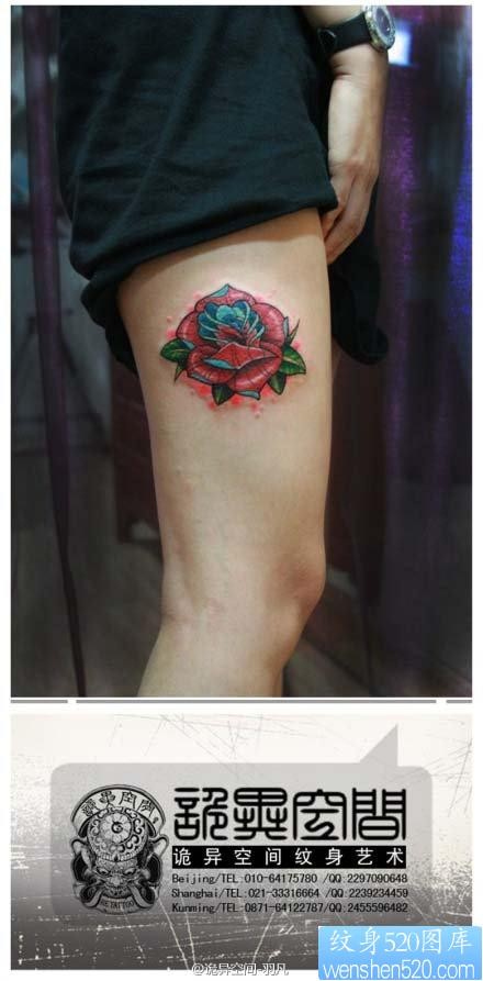 美女腿部潮流精美的彩色玫瑰花纹身图片
