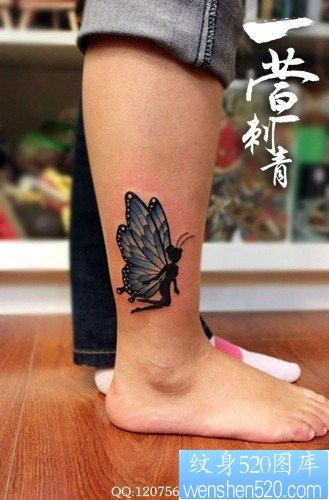 腿部时尚潮流的蝴蝶精灵纹身图片
