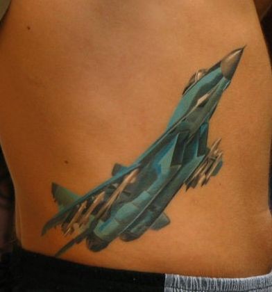 腰部纹身图片：腰部战斗机飞机纹身图案
