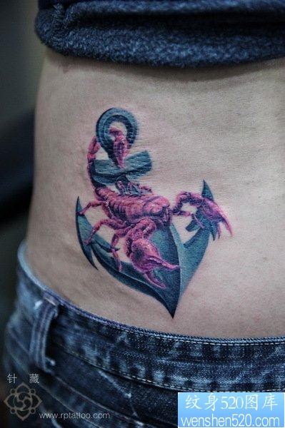 蝎子铁锚纹身图片：腰部彩色蝎子铁锚纹身图案