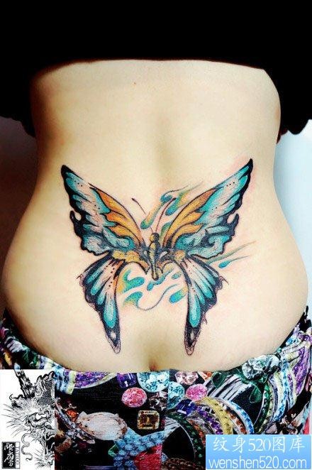 美女腰部精美的彩色蝴蝶纹身图片
