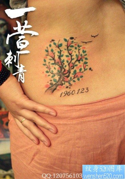 女人腰部时尚好看的小树纹身图片