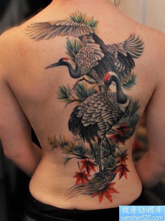 一幅非常经典的满背仙鹤纹身图片