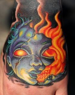 手背纹身图片：手背欧美鬼娃娃面具火焰纹身图片纹身作品