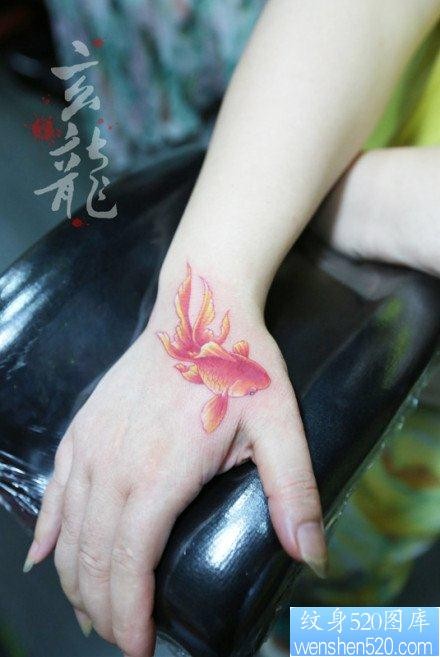 女人手部时尚经典的彩色小金鱼纹身图片