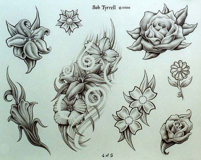 一组潮流漂亮的百合花纹身手稿