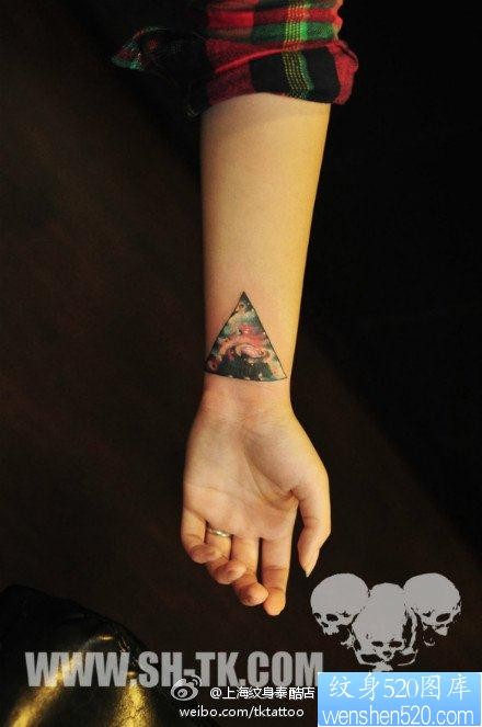 女人手腕精美的彩色三角星空纹身图片