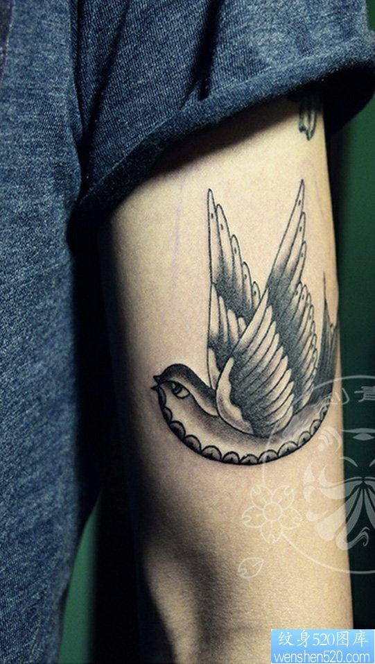 手臂上一只黑灰色的燕子纹身图片