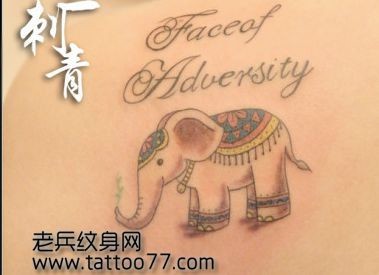 美女肩部字母大象纹身图片
