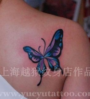 一幅肩背小清新彩色蝴蝶纹身图片