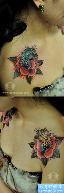 女人肩膀处好看潮流的玫瑰花与豹子纹身图片
