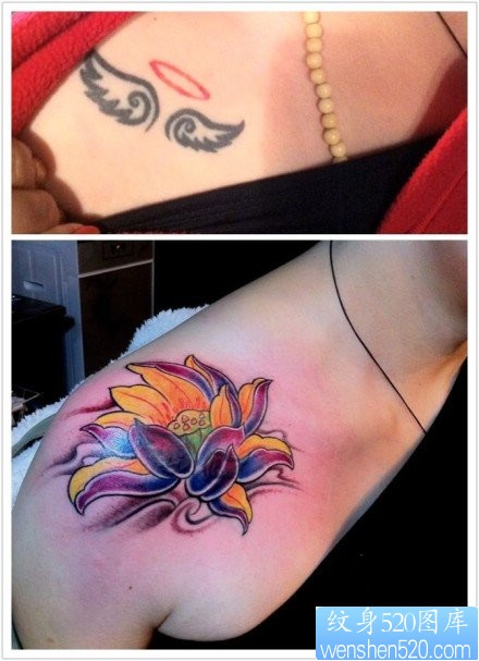 女人肩膀处好看的莲花纹身图片