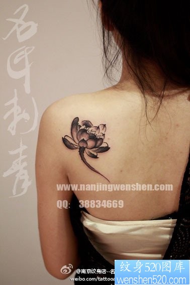 女人后肩背流行唯美的黑白写意莲花纹身图片