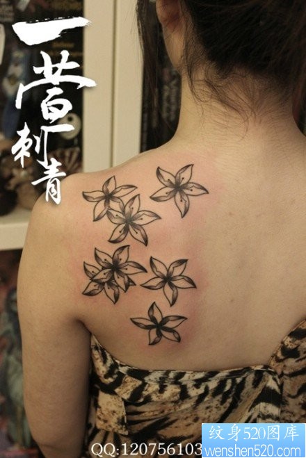 女人后肩背唯美的黑白花卉纹身图片
