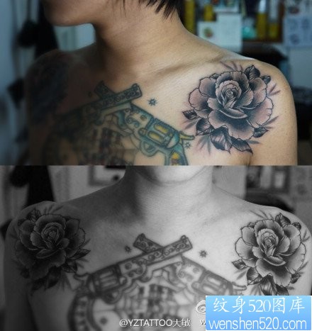 男人肩膀处好看精美的黑灰玫瑰花纹身图片